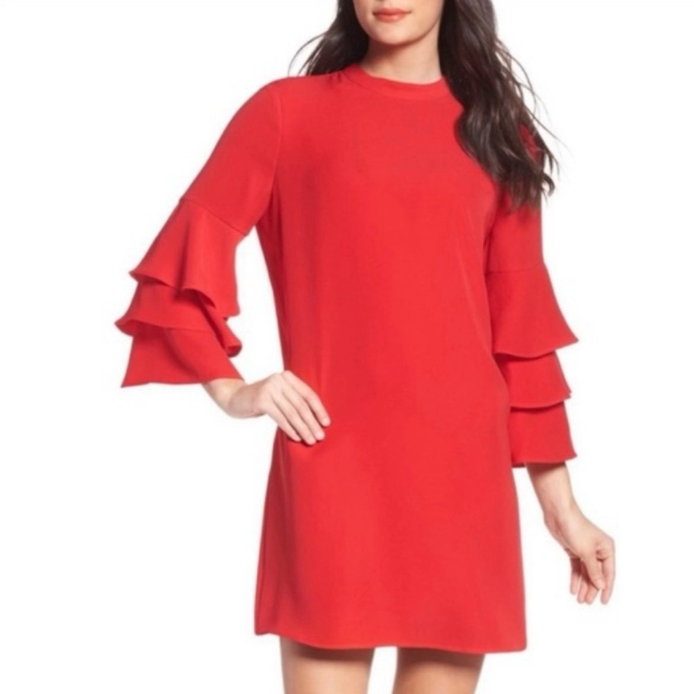 Catherine Malandrino Cherry Red Tiered Flare Sleeve Shift Dress Sz 8